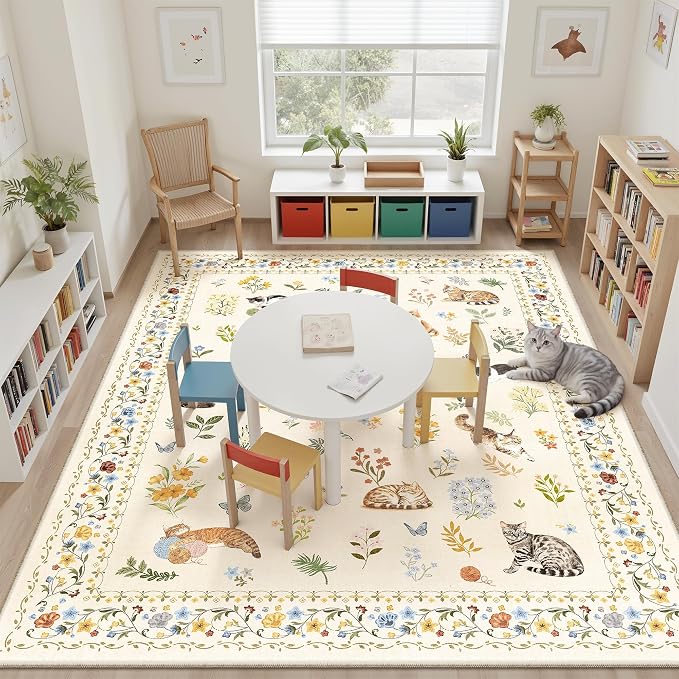 Soalmost Cat 8x10 Area Rugs for Living Room, Machine Washable Animal Floral - Image 2