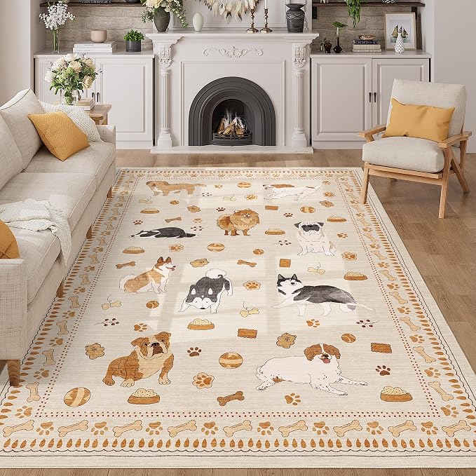 DUKINO 6x9 Rug for Living Room, Lightweight Animal Dog Print Washable Area Rug by DUKINO