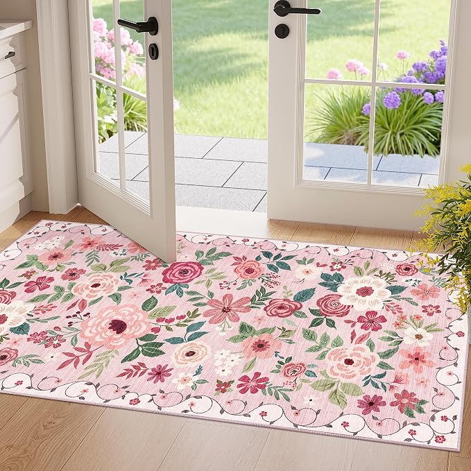 DUKINO 2x4 Rug for Entryway, Washable Kitchen Floral Runner Rug by DUKINO