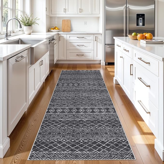 Black Moroccan 2x8 Hallway Runner Rug | Washable Non Slip Mat, Soft Stain by BYYVOORugsforYourHome