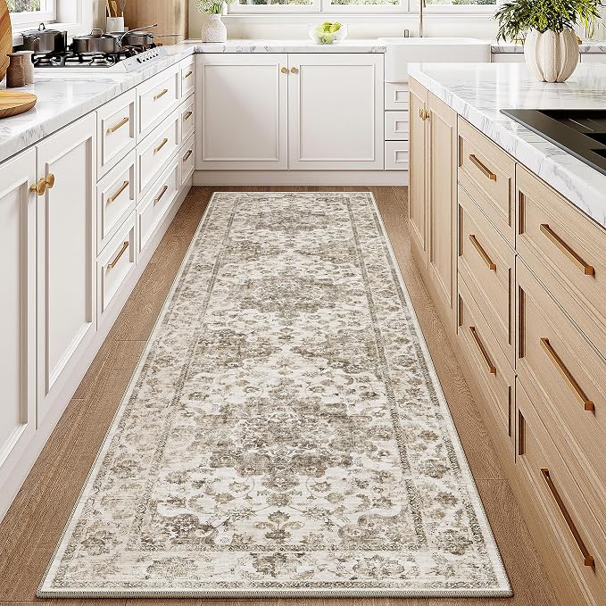 2x8 Washable Neutral Runner Rug Brown Vintage Hallway Kitchen Carpet Non-Slip - Image 2