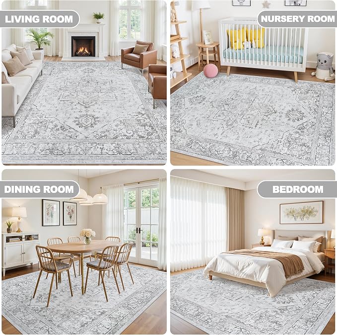 5x7 Area Rugs for Bedroom:Gray Washable Vintage Medallion Rug Non-Slip Soft Low - Image 6