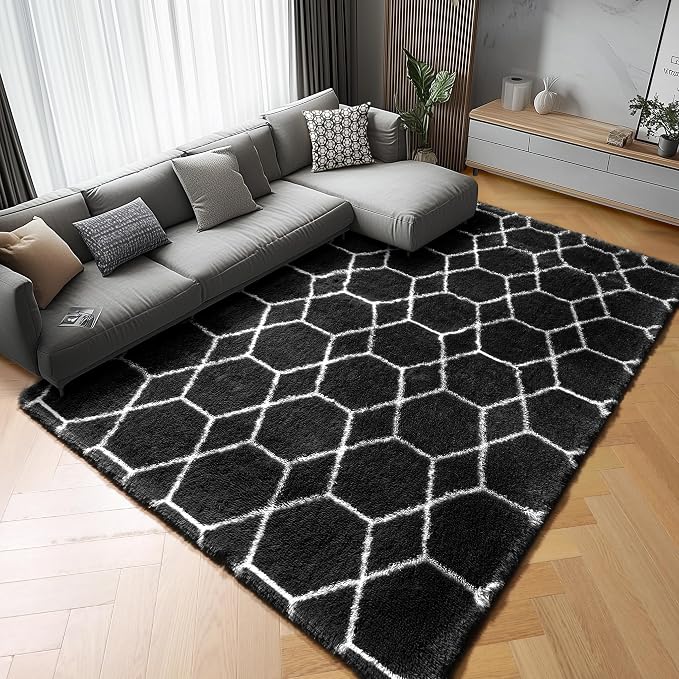 ONASAR Area Rugs for Living Room Bedroom, 5x8 Fluffy Black and White Rug by ONASAR