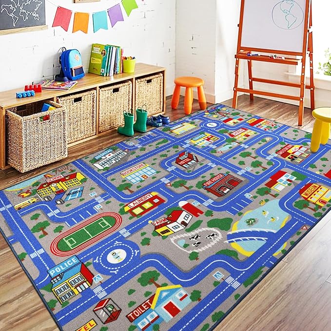 Capslpad Blue Car Road Kid Rug Carpet Playmat by CapslpadDirect