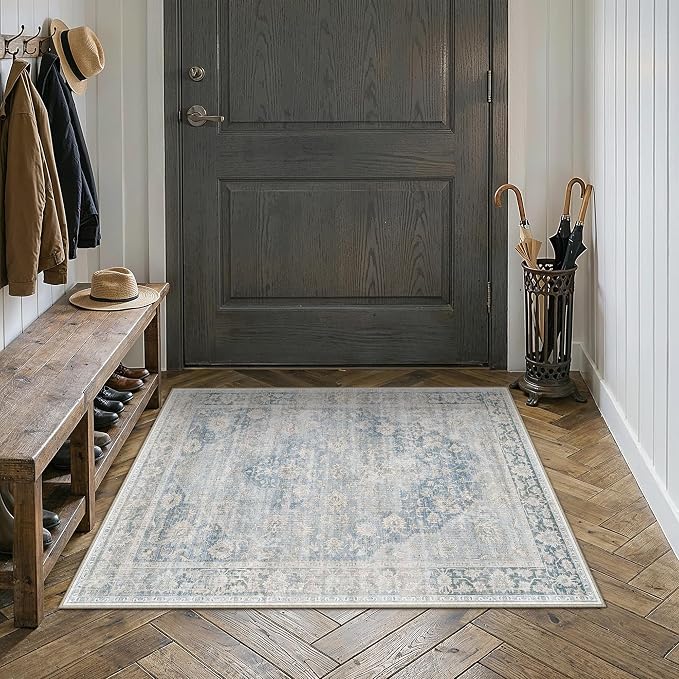 2x3 Washable Neutral Area Rug Blue Vintage Entryway Kitchen Carpet Non-Slip by WondRg