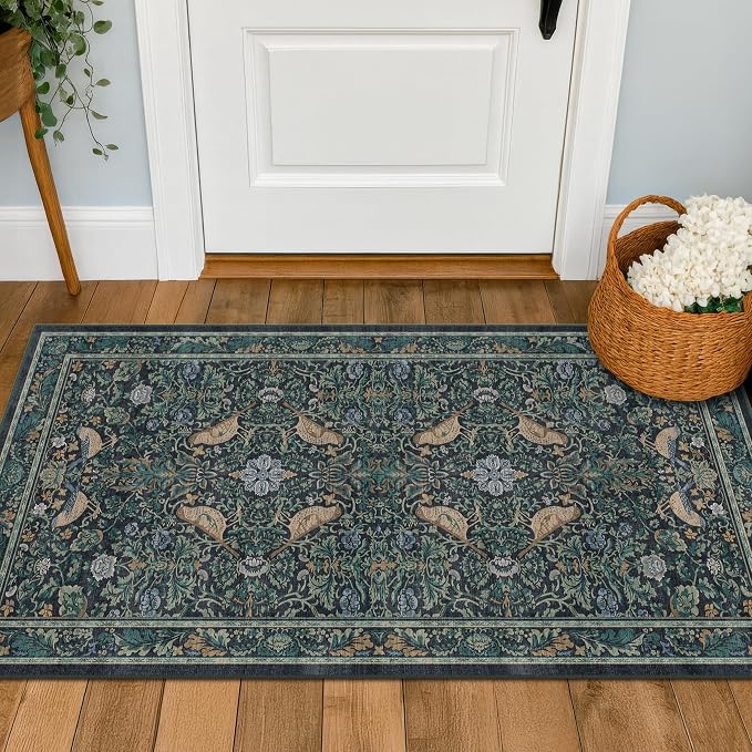 Washable Floral Small 2x3 Dark Blue Entryway Rugs Indoor, Botanical Bird - Image 6