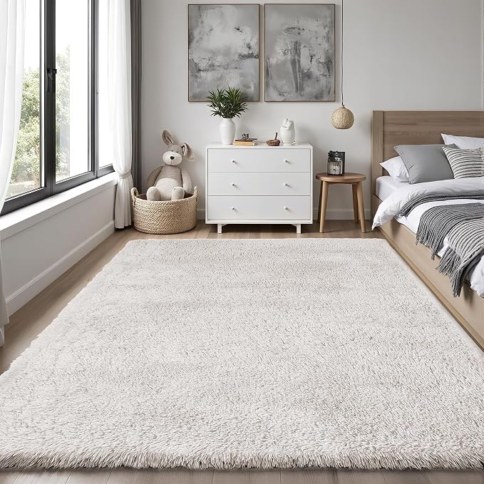 Area Rug for Living Room Bedroom: 5x7 White Soft Fluffy Shag Upgrade Non-Slip - Image 2