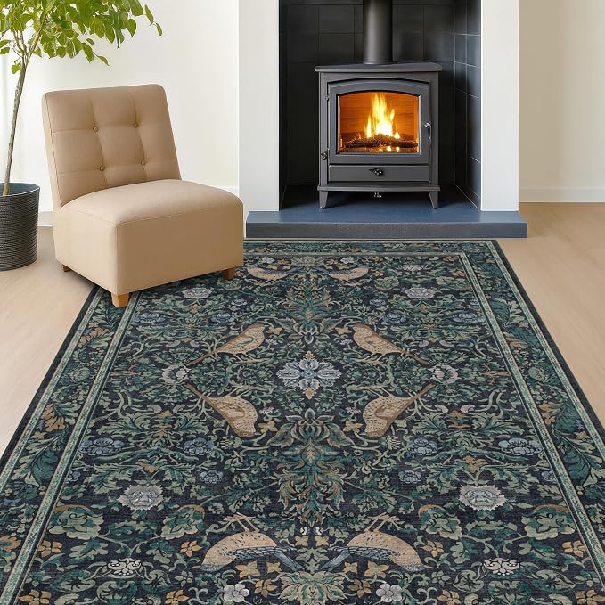 Washable 6x8 Blue Floral Area Rug - Image 3