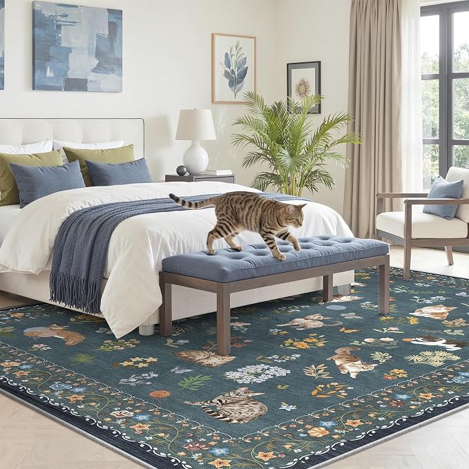 Soalmost Cat 5x7 Area Rugs for Living Room, Machine Washable Animal Floral - Image 4