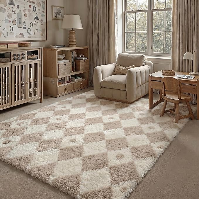 PureCozy Checkered Rug 5x8 Fluffy Shag Living Room Beige Area Rug Modern by PureCozy