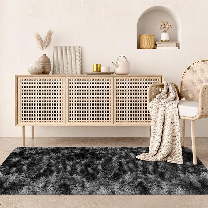 2x6 Fluffy Soft Runner Rug for Bedroom Living Room, Dark Grey and Black Carpet - Image 9
