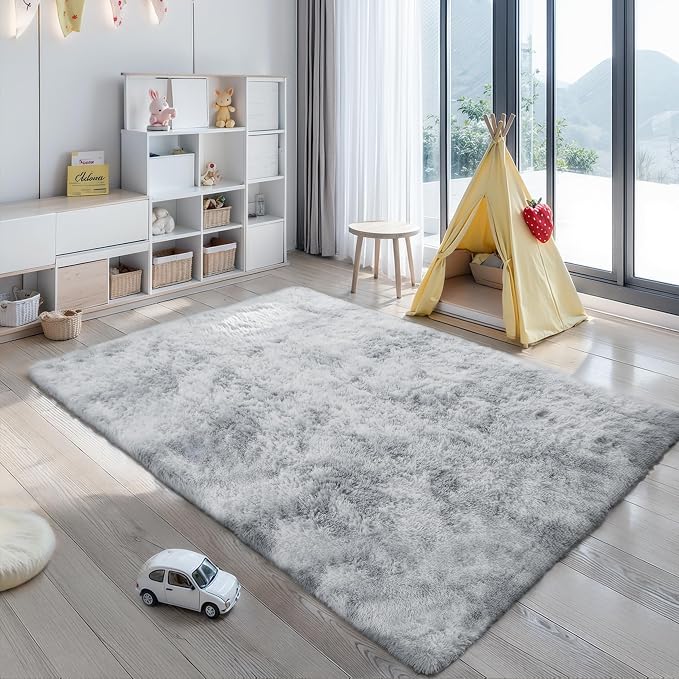 KICHOWUA 5x8 Light Grey Fluffy Shag Area Rug - Image 6