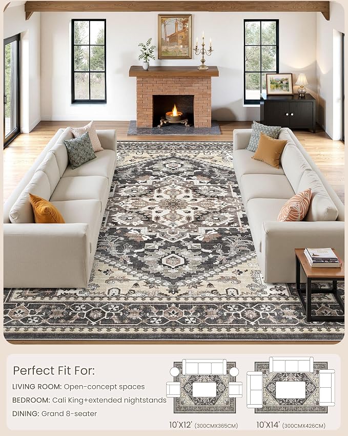 10x14 Vintage Area Rug: Washable Neutral Soft Non Slip Thin Large Floor Carpet - Image 9