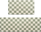 Beige Sage Checkered Grid Checkerboard Kitchen Rug Sets, Anti-Fatigue, - Image 3