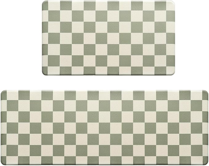 Beige Sage Checkered Grid Checkerboard Kitchen Rug Sets, Anti-Fatigue, - Image 3