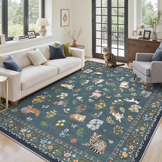 Soalmost Cat 6x9 Area Rugs for Living Room, Machine Washable Animal Floral by Soalmost