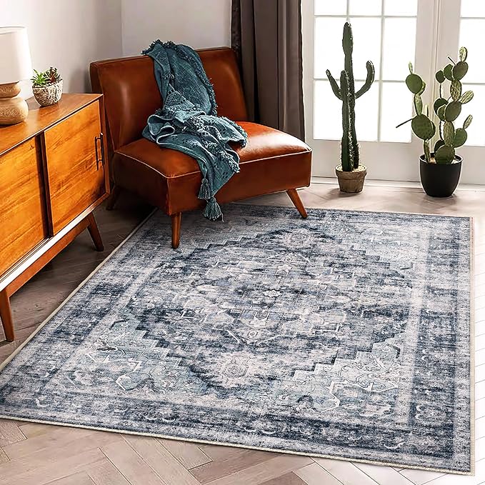 CHAMPLANT 3'x5' Dark Blue Vintage Washable Thin Area Rug Traditional Floor by CHAMPLANT