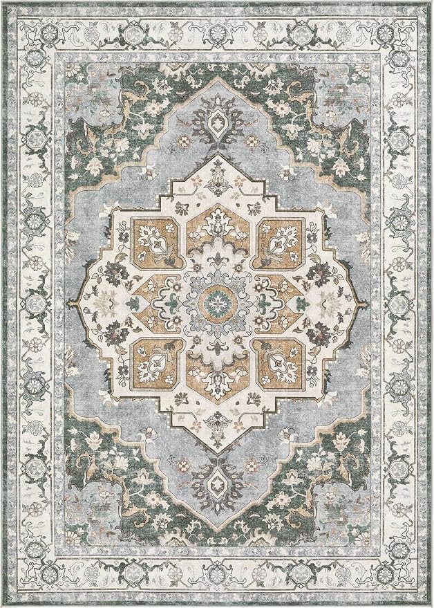 5x7 Washable Area Rug: Vintage Neutral Soft Non Slip Thin Large Floor Carpet - Image 8