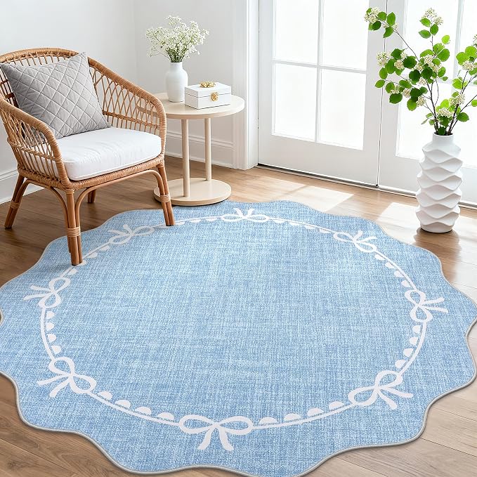 GarveeHome Scalloped Bow Rug for Living Room, 5ft Round Rugs Washable Solid - Image 2