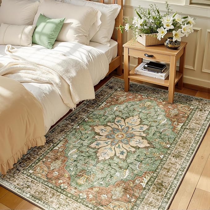 RELEANY Area Rugs 3'x5' Washable Non-Slip, Floral Vintage Distress Medallion by RELEANY