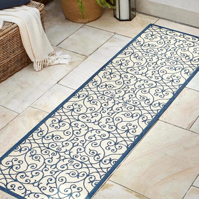 JONATHAN Y Vintage Filigree Indoor Outdoor Runner Rug 2X8 Navy/Beige, Madrid - Image 3