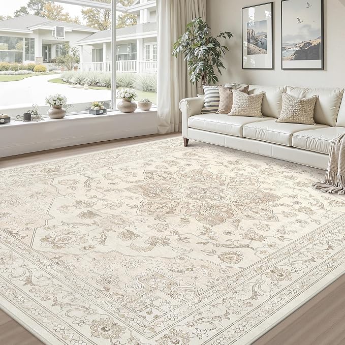 10x12 Area Rug for Living Room: Vintage Boho Neutral Washable Rug Indoor Soft - Image 9