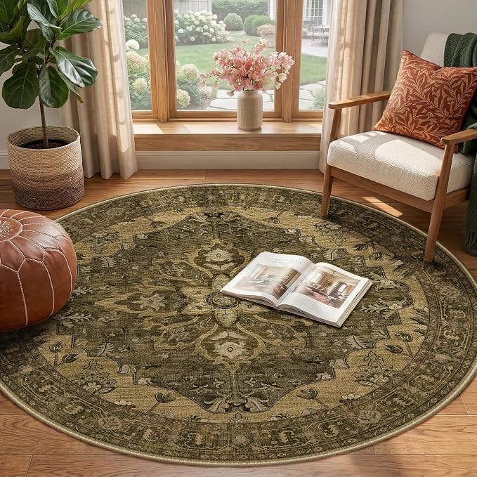 RELEANY Area Rugs Round 4ft Washable Non-Slip, Floral Vintage Distress - Image 2