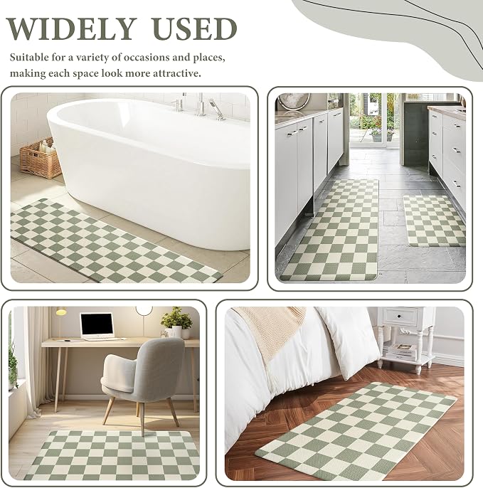 Beige Sage Checkered Grid Checkerboard Kitchen Rug Sets, Anti-Fatigue, - Image 8