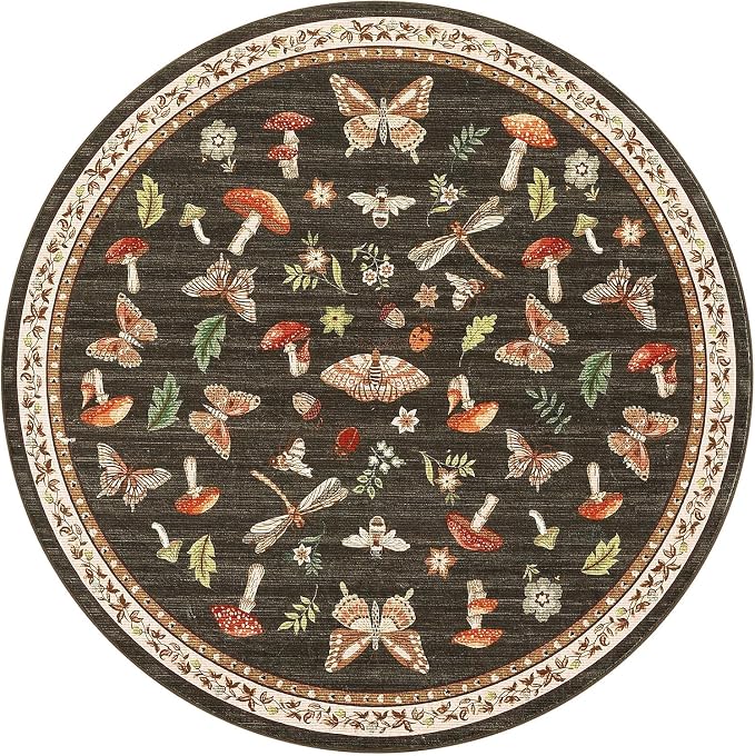 Mushroom Insect 5ft Round Rug Washable Non-Slip Soft Ultra-Thin Small Boho - Image 8
