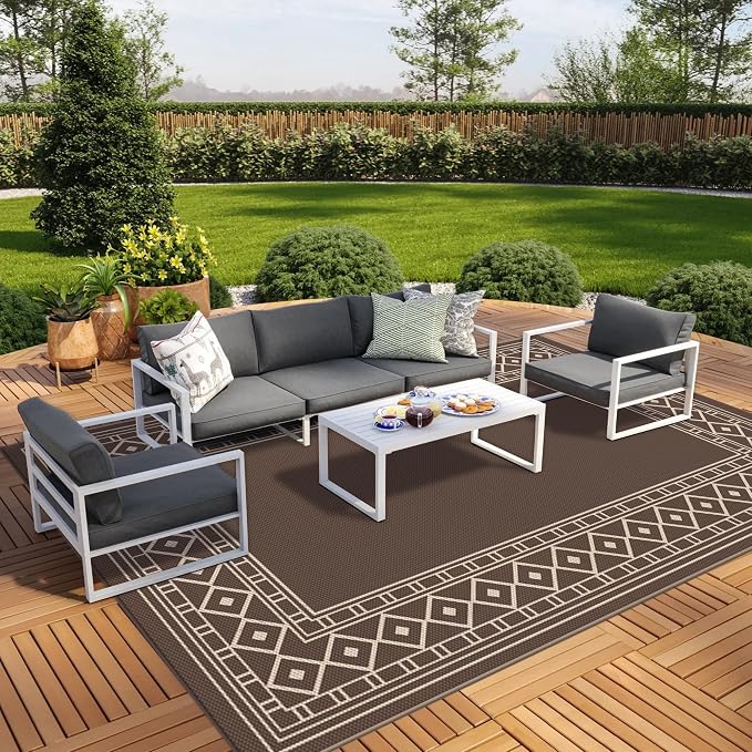 GENIMO Outdoor Rug Waterproof for Patio, Outside Area Mat for Rv, Coffee & Beige by GENIMO