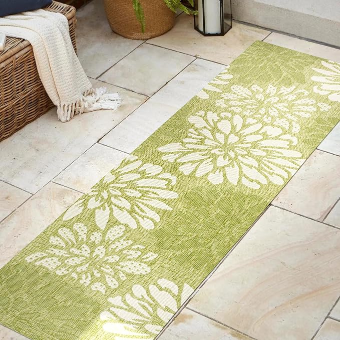 JONATHAN Y Floral Textured Weave Indoor Outdoor Runner Rug 2X8 Green/Cream - Image 3