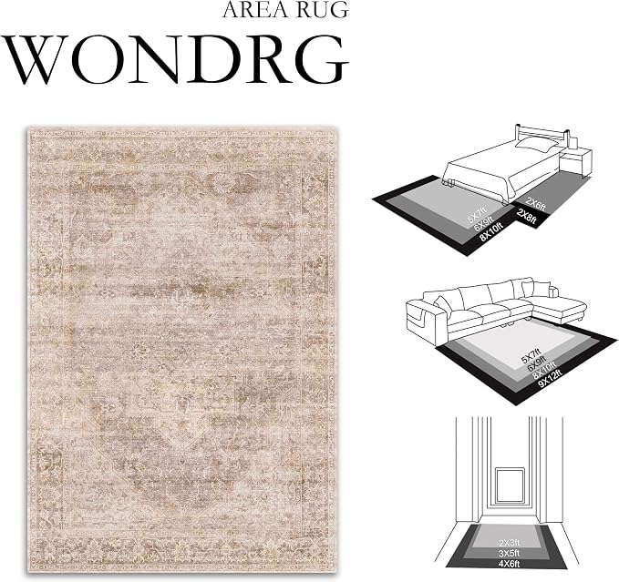 8x10 Washable Neutral Area Rug Beige Vintage Living Room Bedroom Carpet - Image 2