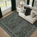 Dusty Teal Area Rug for Living Room, Floral Washable Rugs 5x7 for Bedroom - Image 8
