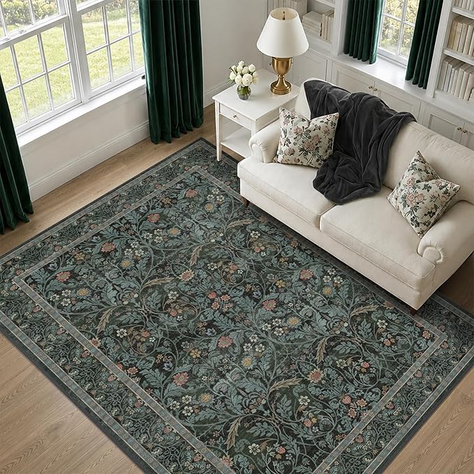 Dusty Teal Area Rug for Living Room, Floral Washable Rugs 5x7 for Bedroom - Image 8