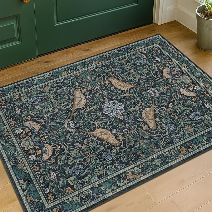 Washable Floral Small 2x3 Dark Blue Entryway Rugs Indoor, Botanical Bird by HazoHaus