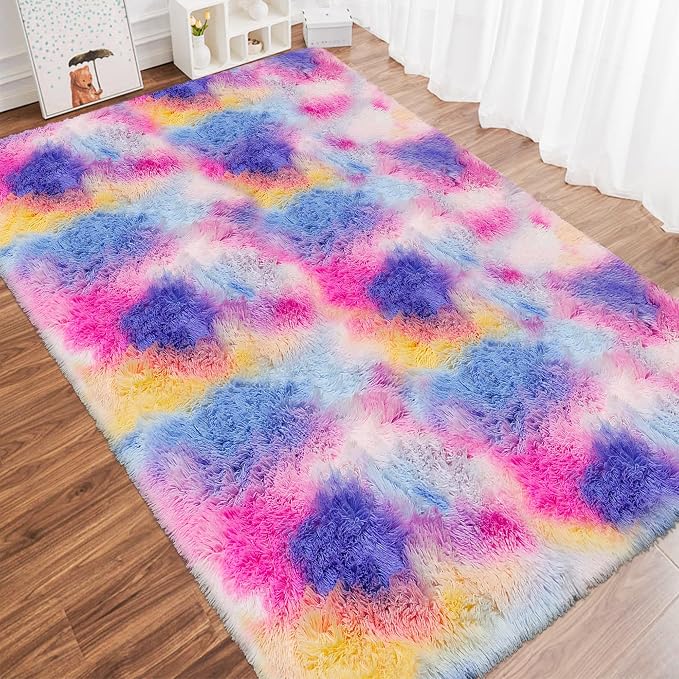 Dark Rainbow Rug for Kids Room 6x9 Cute Fluffy Kids Area Rugs for Bedroom Girls - Image 9
