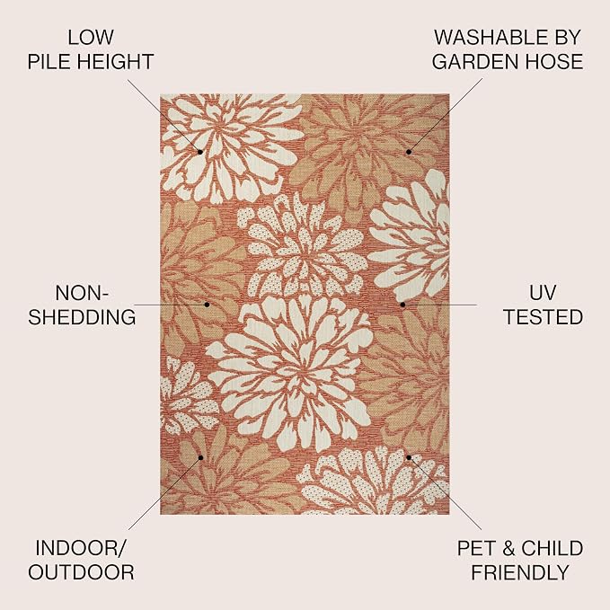 JONATHAN Y Floral Textured Weave Indoor Outdoor Area Rug 4X6 Orange/Cream - Image 2