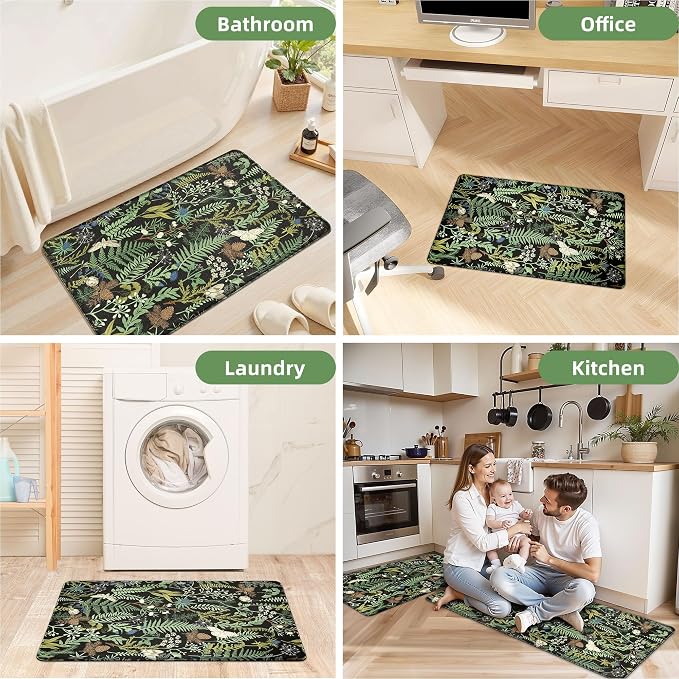 Black Green Botanical Kitchen Rugs Set of 2 Plant Leaf Anti-Fatigue Kitchen Mat - Image 7