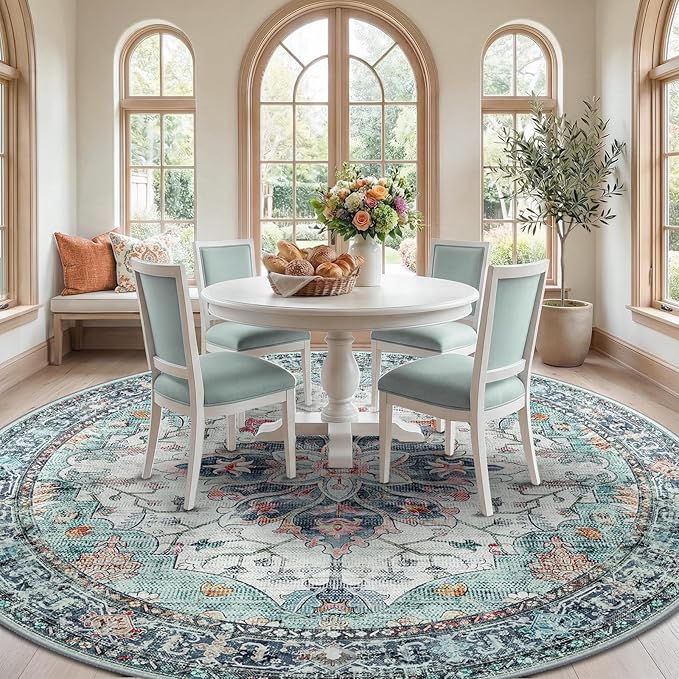 RELEANY Area Rugs Round 10ft Washable Non-Slip, Floral Vintage Distress - Image 3