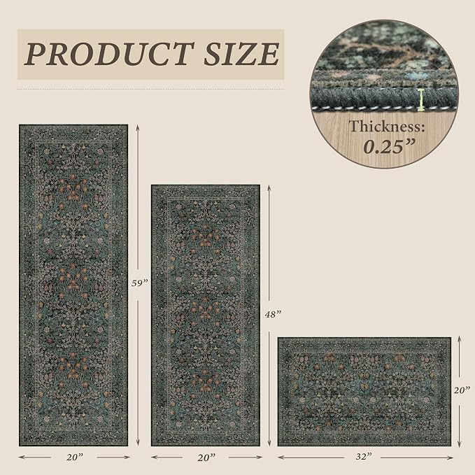 Black Green Kitchen Rug Set of 3, Washable Non-Slip Mats - Image 2