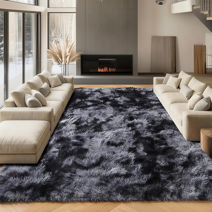ONASAR Area Rugs 9x12 Living Room, Tie-Dyed Dark Grey Large Fluffy Bedroom Rug by ONASAR