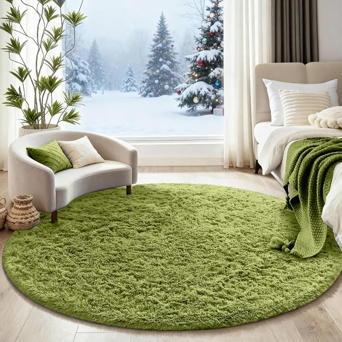 Ophanie Round Rug 5Ft Green Circle Area Rug, Fluffy Fuzzy Bedroom Carpet - Image 5