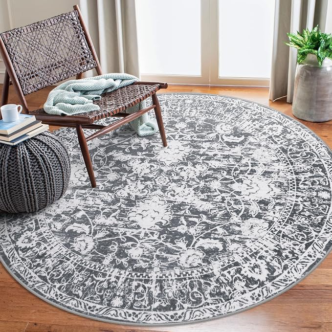 KILOCOCO Area Rug 6ft Round Living Room Rug Washable Printed Vintage Floral by Kilococo