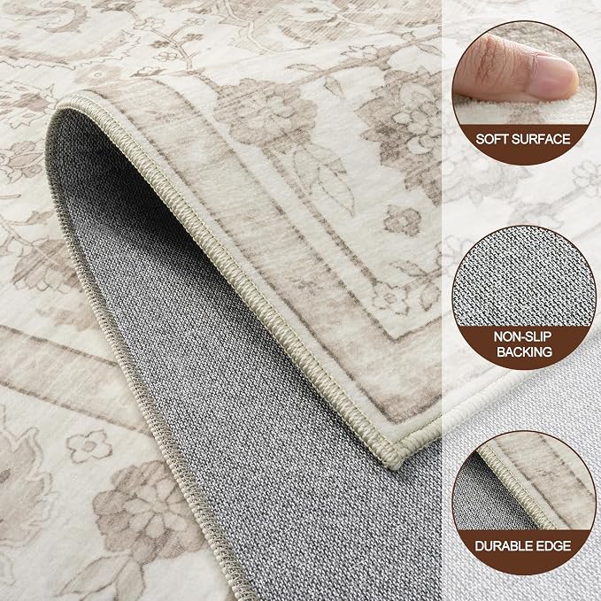 9x12 Area Rugs for Living Room:Beige Washable Vintage Medallion Carpet Non-Slip - Image 9
