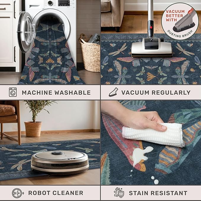 Vintage Navy Blue 2x5 Runner Rug, Washable Insect Carpet - Image 5