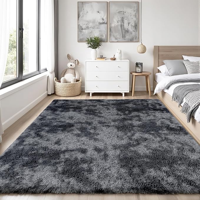 Area Rug for Living Room Bedroom: 4x6 Black Grey Soft Fluffy Shag Upgrade - Image 2