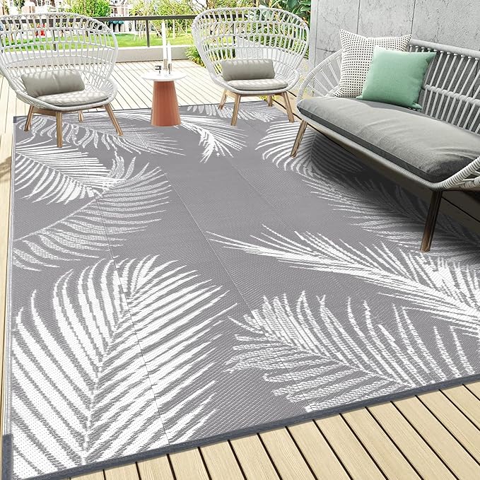 Pauwer Outdoor Rug, Leaf Grey, Reversible, Waterproof, Polypropylene, by Pauwer
