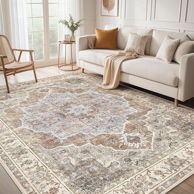 8x10 Washable Area Rug: Vintage Neutral Soft Non Slip Thin Large Floor Carpet by MICGEEK