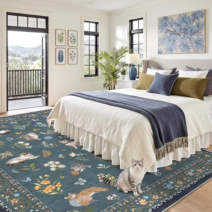 Soalmost Cat 9x12 Area Rugs for Living Room, Machine Washable Animal Floral - Image 3