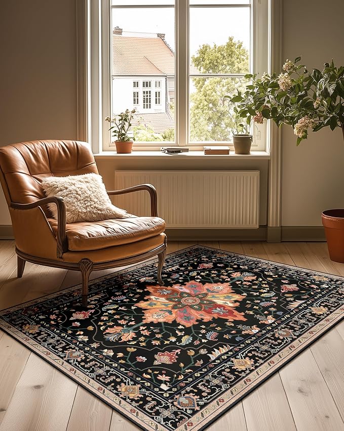 RELEANY Area Rugs 3'x4' Washable Non-Slip, Floral Vintage Distress Medallion by RELEANY